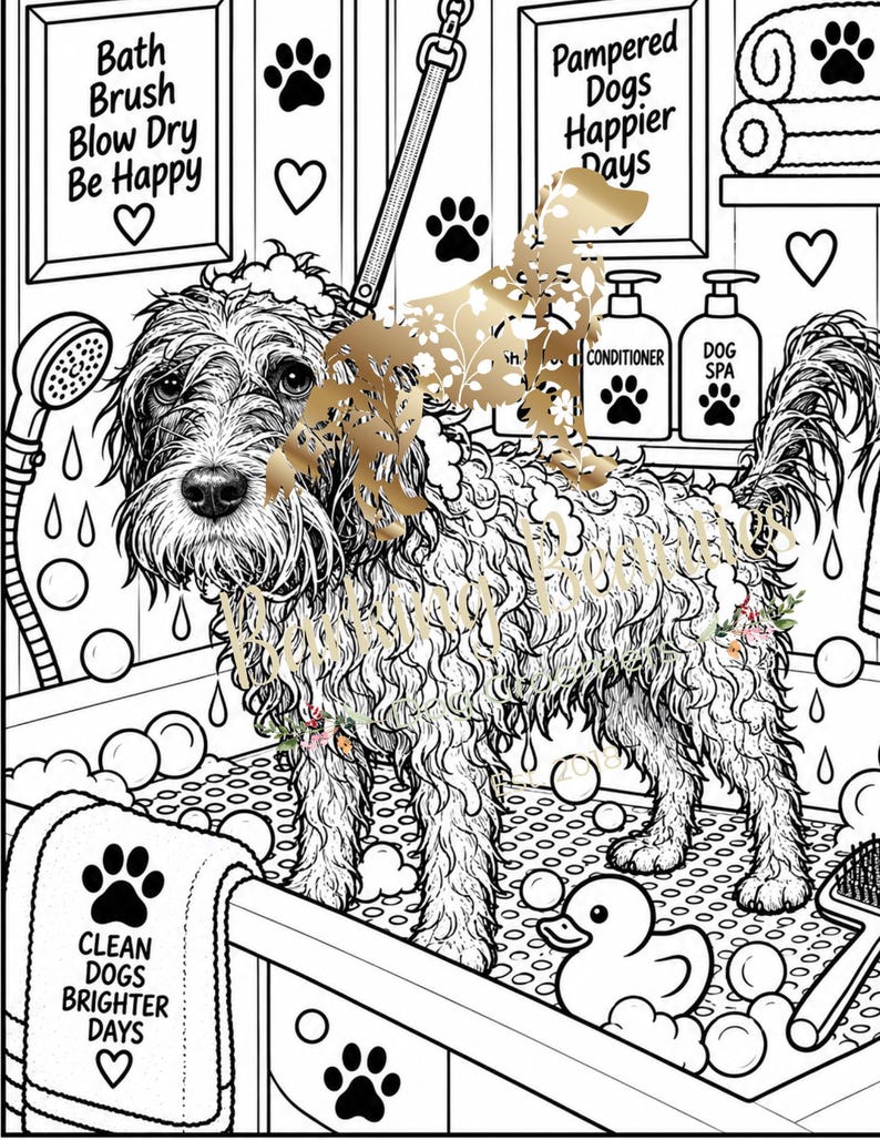 Peut inclure: Une illustration en noir et blanc repr&eacute;sentant un chien au pelage &eacute;bouriff&eacute; dans une baignoire remplie de bulles. On y voit un pommeau de douche, des flacons &eacute;tiquet&eacute;s Conditioner et Dog Spa, un canard en plastique, une brosse et des serviettes avec le texte : Bath Brush Blow Dry Be Happy, Pampered Dogs Happier Days, et Clean Dogs Brighter Days.