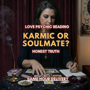 May include: A woman sits at a table with tarot cards, a notebook, and other items. Text on the image reads "LOVE PSYCHIC READING," "KARMIC OR SOULMATE?" and "HONEST TRUTH." The image also includes the text "SAME HOUR DELIVERY."
