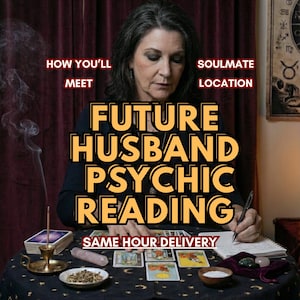 May include: An image promoting a psychic reading service. The text reads "FUTURE HUSBAND PSYCHIC READING" with additional text indicating "HOW YOU'LL MEET" and "SOULMATE LOCATION." The image also states "SAME HOUR DELIVERY."
