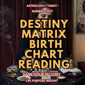 May include: Image of a person conducting a destiny matrix birth chart reading. The image includes the text "Astrology, Tarot, Numerology, Destiny Matrix Birth Chart Reading, Same Hour Delivery, Life Purpose Insight."