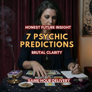 May include: An image of a woman at a table with tarot cards, a notebook, and other mystical items. Text on the image reads "Honest Future Insight," "7 Psychic Predictions," "Brutal Clarity," and "Same Hour Delivery."