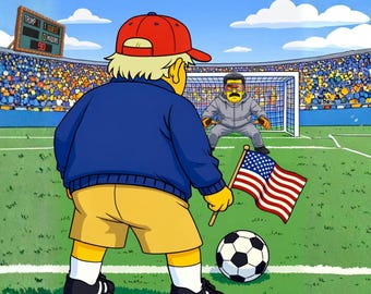 Game Over soccer scene Tee | cartoon goalkeeper with flag, stadium illustration