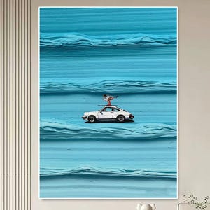 May include: A large, abstract art piece featuring a white sports car with a figure on top, set against a textured, light blue background. The artwork evokes a sense of movement and fluidity, with the car appearing to navigate a sea of blue.