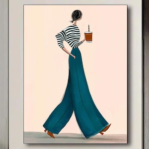 May include: A painting depicting a person in a black and white striped top and teal wide-leg trousers. The person holds a brown cup with a straw. The artwork is framed within a white border.