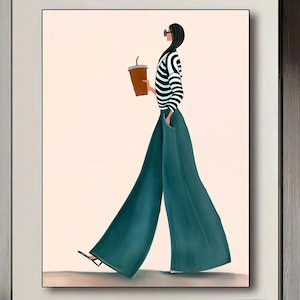 May include: An artistic illustration of a person walking, holding a coffee cup. The figure is wearing a black and white striped top, teal wide-leg trousers, and sunglasses. The artwork is framed and displayed on a wall.