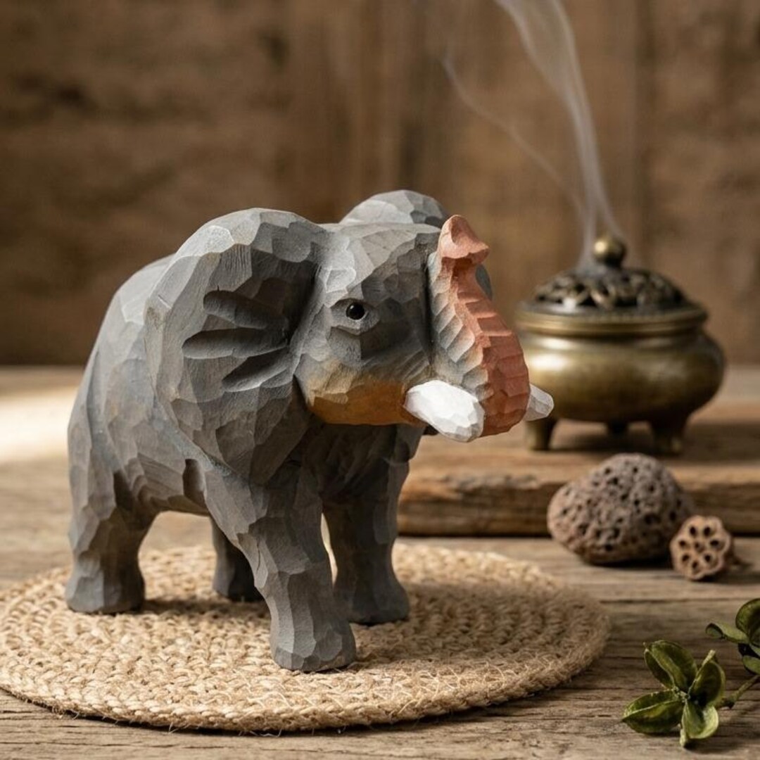 Hand Carved Wood Elephant Figurine – Rustic Animal Home Decor ...