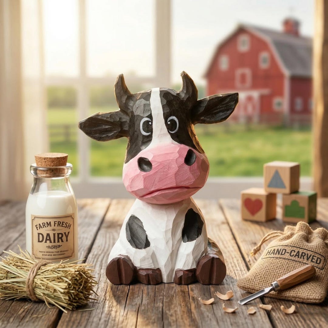Gift Sapi Whimsical Hand Carved Wooden Cow Figurine Sitting Farmhouse Decor ...