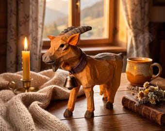Whimsical Wooden Goat Carving with Bell Rustic Farmhouse Animal Decor Alpine Figurine Unique Birthday Gift