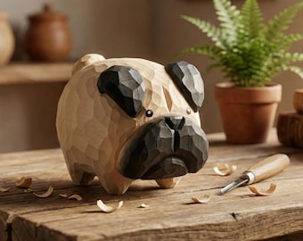 Whimsical Hand Carved Wooden Pug Figurine, Chubby Fawn Pug Statue, Dog Lover Gift, Minimalist Pet Decor, Small Wood Animal Sculpture