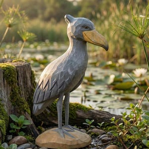Puede incluir: Escultura de madera tallada a mano de un picozapato. El ave es gris con un pico amarillo y se alza sobre una base marr&oacute;n claro. La escultura est&aacute; situada en un entorno natural al aire libre con agua y vegetaci&oacute;n.