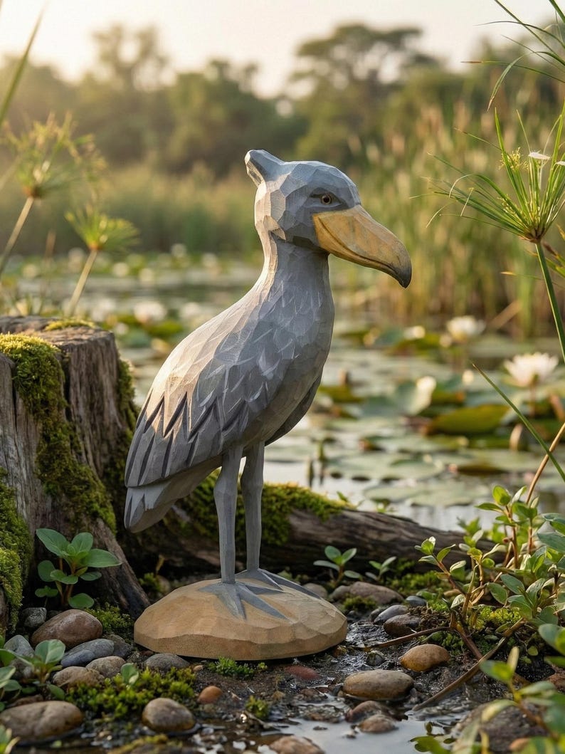 Puede incluir: Escultura de madera tallada a mano de un picozapato. El ave es gris con un pico amarillo y se alza sobre una base marr&oacute;n claro. La escultura est&aacute; situada en un entorno natural al aire libre con agua y vegetaci&oacute;n.