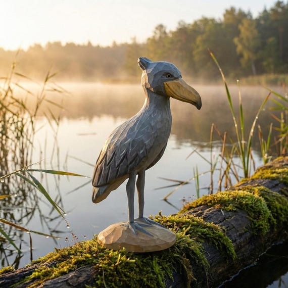 Hand Carved Wooden Shoebill Stork Statue, Rustic Bird Decor