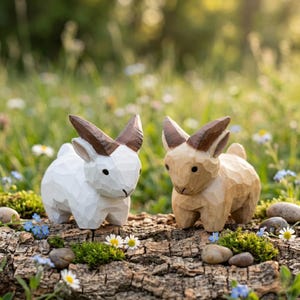 May include: Two wooden goat figurines, one white and one tan, with brown horns, are displayed on a log. The goats are carved with visible wood grain and stand amidst small flowers and greenery, creating a rustic, natural aesthetic.