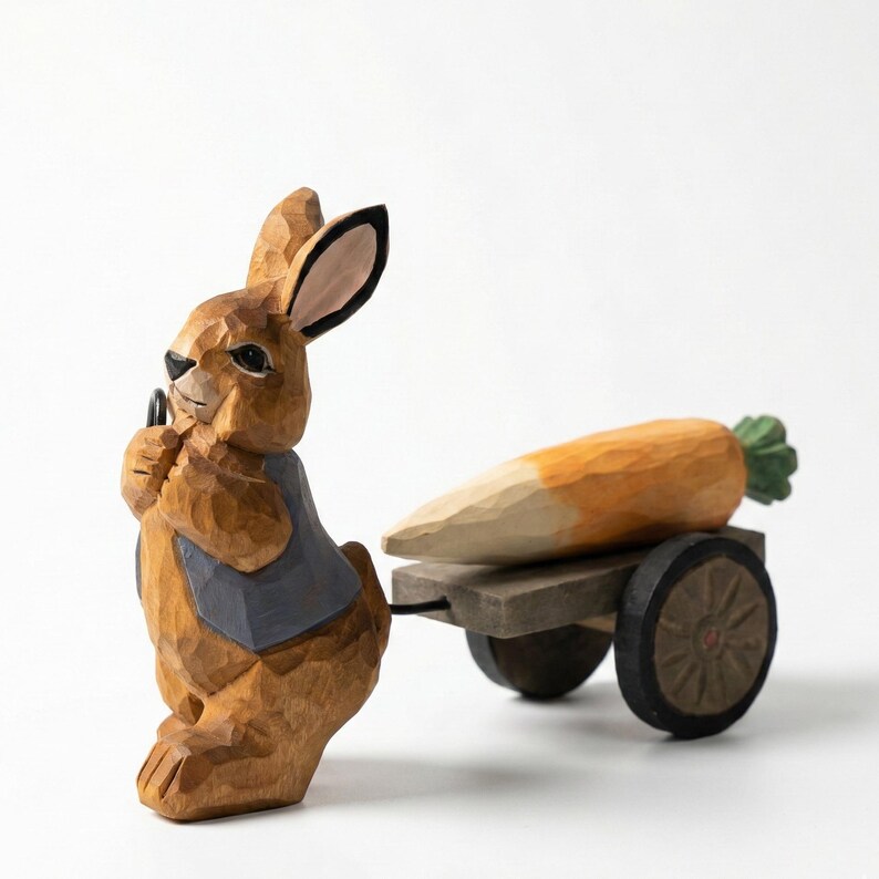 Handmade Wooden Rabbit Figurine, Bunny Pulling Wagon, Easter Decor ...