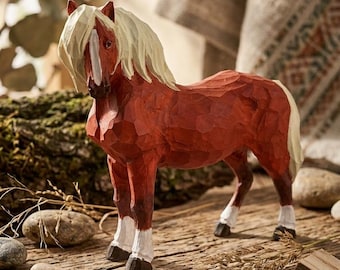 Whimsical Chestnut Horse Figurine, Hand-Carved Wood Animal Statue, Rustic Farmhouse Nursery Decor, Unique Equestrian Gift Idea