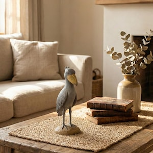 Puede incluir: Una estatua gris y beige de un ave picozapato con pico amarillo se alza sobre una base de madera. La estatua est&aacute; sobre un mantel individual de yute en una mesa de centro r&uacute;stica de madera. Un sof&aacute; beige y una chimenea est&aacute;n al fondo.