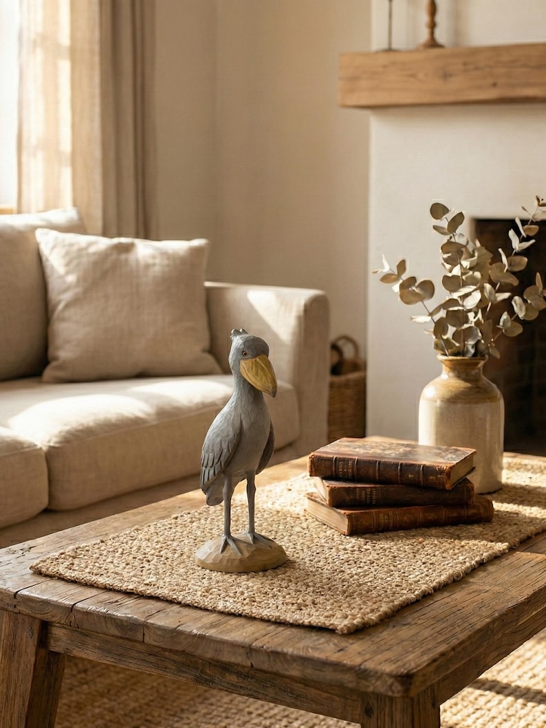 Puede incluir: Una estatua gris y beige de un ave picozapato con pico amarillo se alza sobre una base de madera. La estatua est&aacute; sobre un mantel individual de yute en una mesa de centro r&uacute;stica de madera. Un sof&aacute; beige y una chimenea est&aacute;n al fondo.