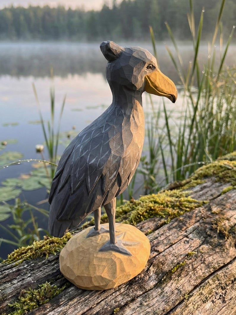 Puede incluir: Escultura de madera tallada a mano de un picozapato. El ave es gris con un gran pico amarillo y se apoya sobre una base marr&oacute;n claro tallada. La escultura se encuentra sobre un fondo borroso de un lago y vegetaci&oacute;n.