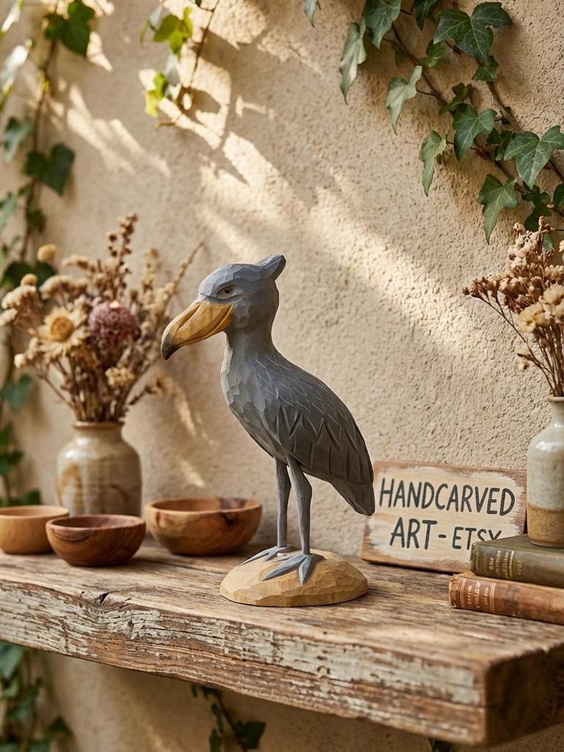 Puede incluir: Una escultura de madera tallada a mano de un picozapato, pintada de gris con un pico amarillo, se alza sobre una base de madera tallada. La escultura se exhibe en una estanter&iacute;a de madera r&uacute;stica con un letrero que dice "HANDCARVED ART-ETSY".