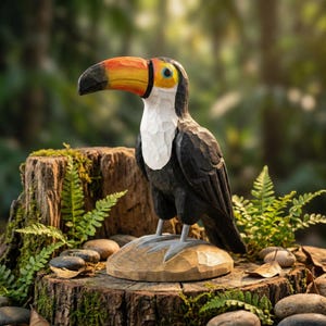 Peut inclure: Sculpture de toucan en bois sculpté à la main. L'oiseau a un grand bec coloré avec des teintes orange, jaune et noir. Son corps est principalement noir avec une poitrine blanche et un œil bleu. Le toucan est posé sur une base en bois, sur une souche d'arbre.