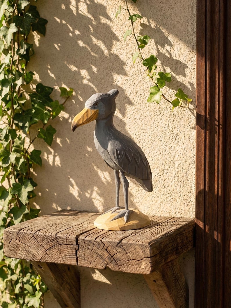 Puede incluir: Una escultura de madera gris de un ave picozapato con pico amarillo se encuentra sobre una estanter&iacute;a de madera. La escultura presenta detalles de plumas talladas y una superficie texturizada. La estanter&iacute;a es de madera en bruto, y el fondo presenta una pared texturizada y vegetaci&oacute;n.