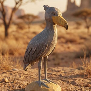 Puede incluir: Escultura de madera de un picozapato, de pie sobre una peque&ntilde;a base de color claro. El ave tiene plumas grises, un gran pico amarillo y una cresta distintiva. El fondo muestra un paisaje des&eacute;rtico con &aacute;rboles y formaciones rocosas.