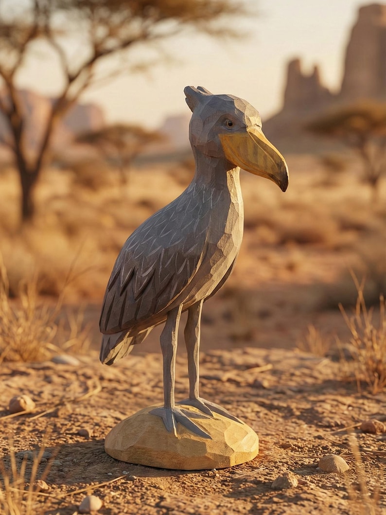 Puede incluir: Escultura de madera de un picozapato, de pie sobre una peque&ntilde;a base de color claro. El ave tiene plumas grises, un gran pico amarillo y una cresta distintiva. El fondo muestra un paisaje des&eacute;rtico con &aacute;rboles y formaciones rocosas.