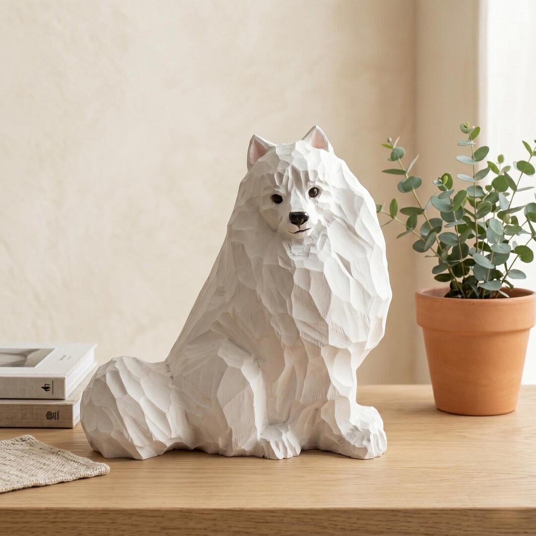 Whimsical White Samoyed Wood Carving Geometric Fluffy Dog Figurine ...