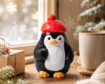 Figura de pingüino de madera con boina roja, estatua de ave tallada a mano, linda decoración de escritorio, arte animal de invierno, regalo único para amantes de las aves.