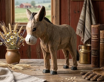 Whimsical Hand Carved Wooden Donkey Figurine, Rustic Farmhouse Decor, Miniature Wood Animal Sculpture, Unique Gift for Animal Lovers