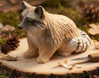 Estatua de mapache de madera tallada a mano, decoración rústica de vivero, figura de animal del bosque, adorno de jardín
