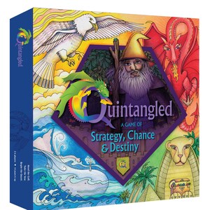 May include: A colorful game box with a purple background and the title "Quintangled: A Game of Strategy, Chance & Destiny". The box features illustrations of a dragon, a wizard, a bird, a whale, and a lion.