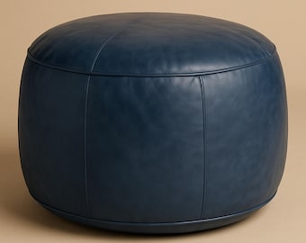 Round Blue Leather Ottoman Pouf, Dark Blue Leather Ottoman Storage, Blue Round Leather Footstool Living Room Accent, Round Leather Footrest