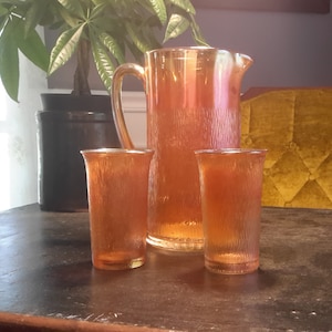 Marigold Tree Bark Carnival Glass Pitcher & Tumblers Jeannette Glass Company
