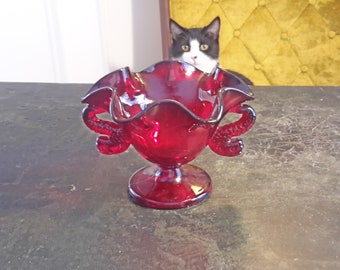 Ruby Red Dolphin Compote Fenton Glass Vintage