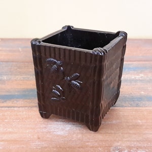 Bee Hive Square Spoon Toothpick Match Holder Spill Vase Black Glass Antique
