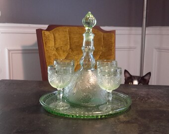 Decanter Wine Goblets Tray Colonial Chantilly Green Sandwich Pattern Indiana Glass Vintage