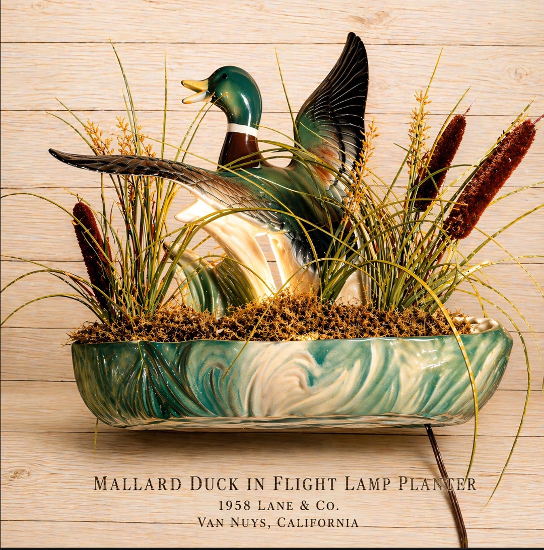 Mallard Duck in Flight Lamp Planter 1958 Lane & Co Van Nuys