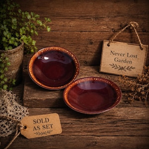 May include: Two round ceramic bowls with a deep burgundy center and a metallic bronze rim. A rectangular wooden sign hangs nearby with the text Never Lost Garden, and a brown paper tag is attached with the text SOLD AS SET printed on it.