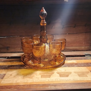 Decanter Wine Goblets Tray Amber Sandwich Pattern Tiara Indiana Glass Vintage