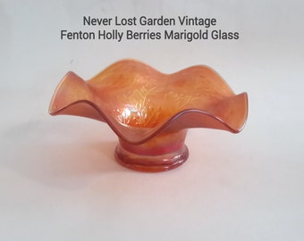 Carnival Marigold Fenton Glass Ruffled Hat Bowl Holly Berries Vintage