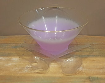 Salad Bowl Three Piece Set Glass Frosty Lilac Gold Trim Vintage