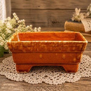 May include: A rectangular, orange ceramic planter with a glossy finish. The planter has a raised base and a light-colored rim. It sits on a beige, crocheted doily, with a wooden background and floral accents.