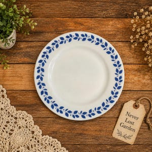 Corning Opalware Plate Blue Ivy Leaf Berries Pattern, Little Joe Glassblower Restaurant Ware Vintage