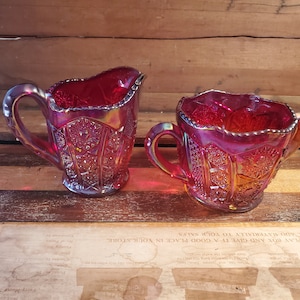 Creamer and Open Sugar Daisy and Button Sunset Carnival Imperial Glass Company Vintage