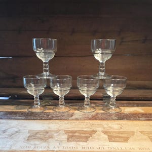Wine Cordial Glasses Ringed Bowl Ball Stem Hazel Atlas Glass Company Vintage