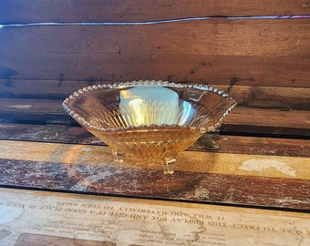 Three Toed Bowl Anniversary Sawtooth Scallop Marigold Carnival Jeannette Glass Company Vintage