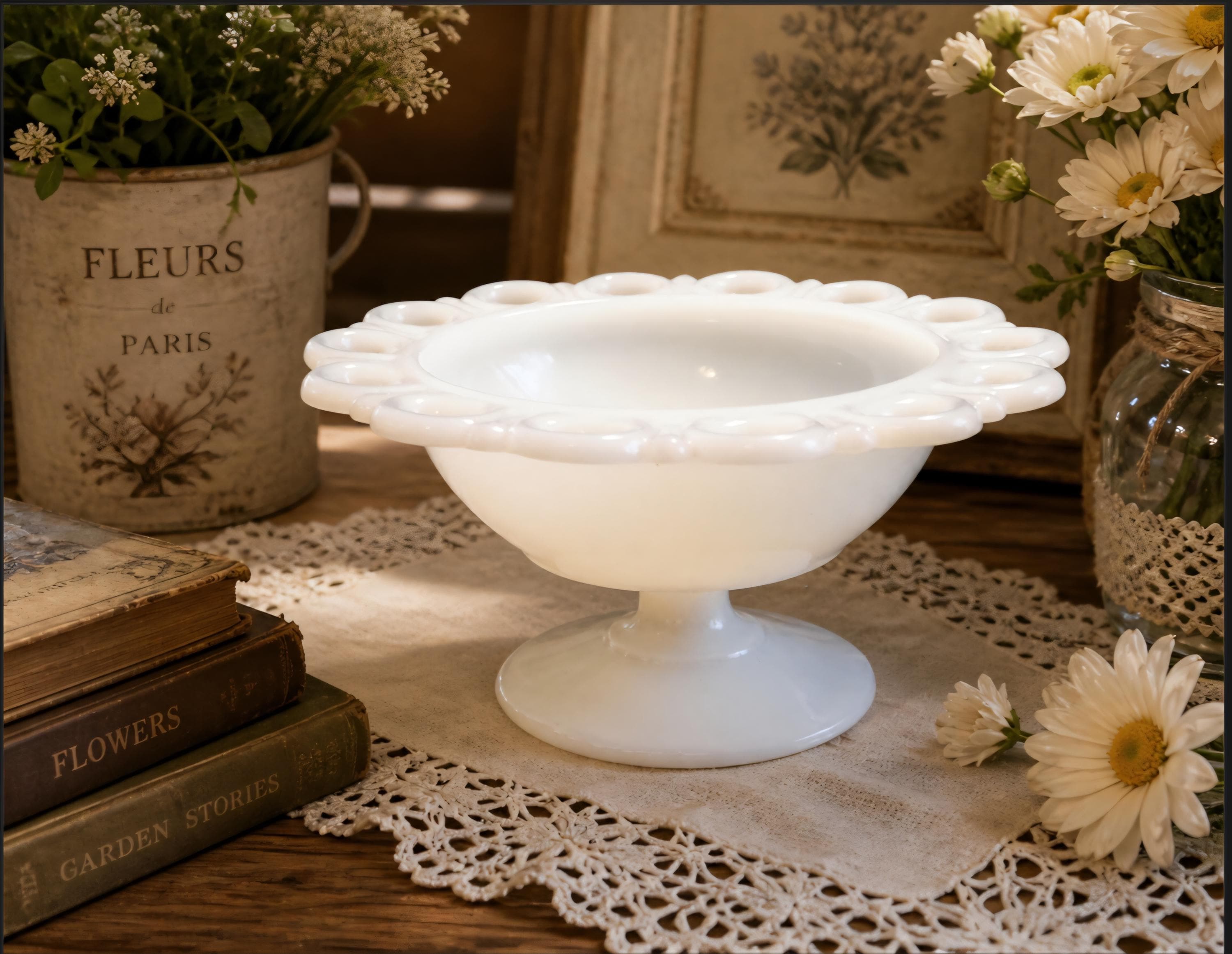 Anchor Hocking Old Colony Milk Glass Compote – Lace Edge Pedestal