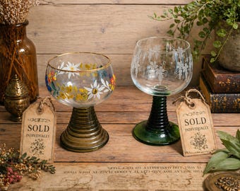 Floral Hand Painted St Antonach Roemer Wine Glass Green Stem Etched Glass Cristal D'Arques