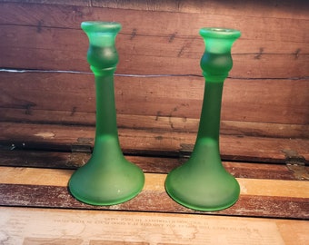 Satin Frosted Green Glass Tall Trumpet Candlesticks Diamond Glass Company Antique